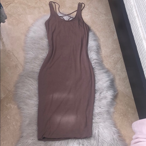 Taupe Strappy Back Bodycon Tight Midi Dress - Picture 2 of 5
